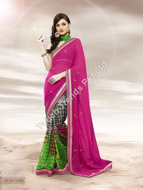 Pink Color Saree - Chiffon, 5.5 Meters, Pink | Polka Dot Design, Jari Laces, Crystal Patches, Soft Fabric, No Color Bleed