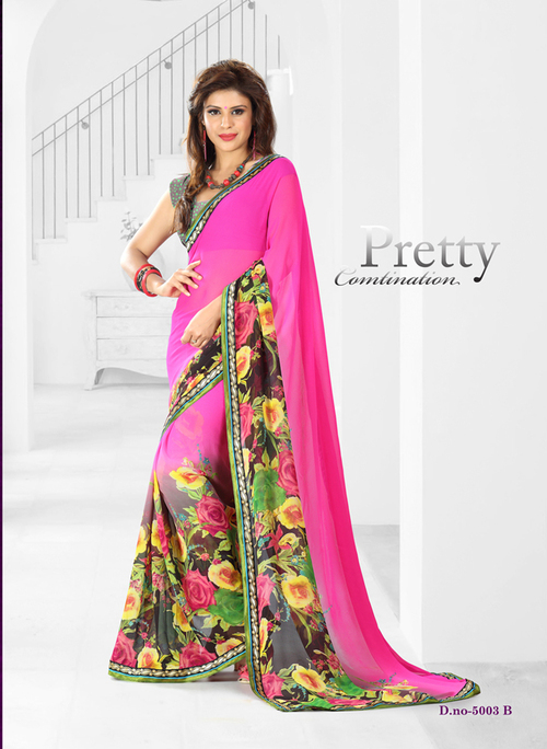 Fancy Printed Designer Sarees - High Georgette Fabric, 5.5 Yards, Pink & Grey, Readymade Borders, 18-piece Catalogue