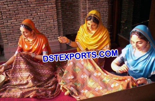 Punjabi Wedding Phulkari Lady Statues - Handmade Fiber, Multicolor, Variable Height | Intricate Detail, Traditional Design, Hand-Painted Finish, Cultural Theme
