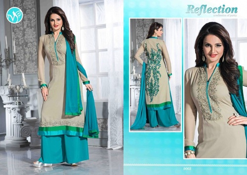 Salwar Kameez Latest Designs Online - Semi Georgette, Santoon & Chiffon Light Gray Rama, Heavy Thread Embroidery, Full Sleeves, Unstitched