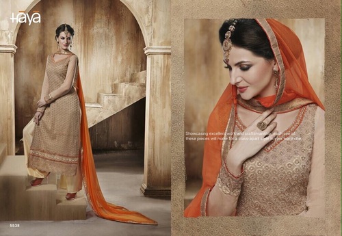 Exclusive Anarkali Suits - Bemberg Cotton, Semi Cotton Bottom, Semi Chiffon Dupatta, Cream & Rust | Heavy Thread Work, Full Sleeves, Partywear, Sizes 34-40