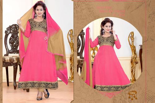 1002 - Cotton Silk, Pink & Black Semi Cotton Salwar Suit | Embroidered Full Sleeves, Stylish Ethnic Party Wear, Washable & Dry Cleanable