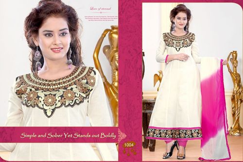 1004 - Cotton Silk, Full Sleeves, Embroidered, White & Pink Colour Fancy Neck Designer, Party Wear Stylish Semi Cotton Salwar Suit | Seasonal: Rainy, Spring, Summer, Winter