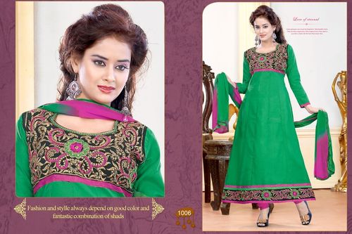 1006 - Cotton Silk, Full Sleeves, Green & Pink Colour Fancy Semi Cotton, Neck Designer, Party Wear Salwar Suit | Embroidered, Quick Dry, Washable