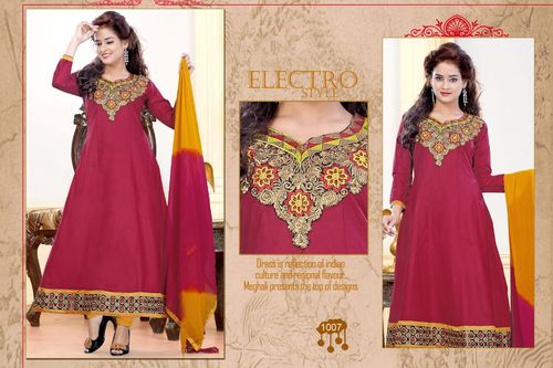 Fancy Designer Salwar Suit - Semi Cotton, Maroon & Yellow Neck Designer | Full Sleeves, Embroidered Pattern, Breathable, Quick Dry, Washable