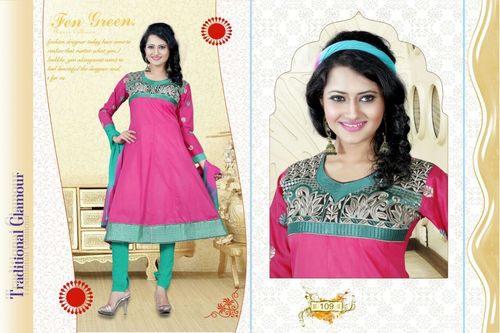 109 - Cotton Semi Suit Fabric, Pink & Sky Blue Party Wear with Embroidered Laces | Full Sleeves, Breathable & Washable Design for All Seasons