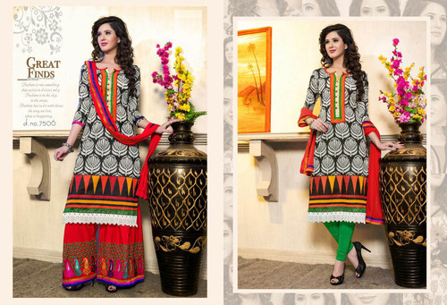 7506 - Chanderi Print Work Salwar Kameez Set, Multi Color Plazzo & Legins , Full Sleeve Design with Dry Clean Care