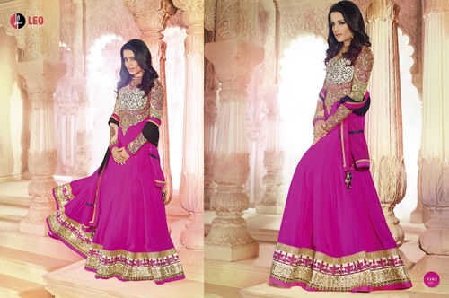 Full Round Blue Anarkali Lace Embro Suit - Georgette Fabric, Chiffon Dupatta, Santoon Bottom, Lace Border, Elegant Embroidery