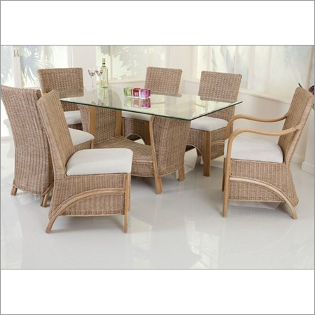 Rattan Webbing Wooden Dining Set - Rattan Cane & Indian Wood, 6 Pieces, Glass Top | Contemporary Style, Cushioned Seats, Matte/Glossy Finish
