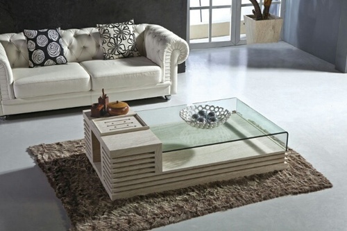 Modern Center Table - Glass & Wood, 48x24x18 Inches, Beige | Stylish Design, Durable Material, Ample Storage, Easy Assembly, Modern Look