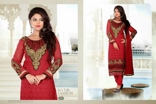 Indian Salwar Kameez - Soft Chiffon, Size S-XL, Red | Gold Thread Embroidery, Elegant Design, Comfortable Fit