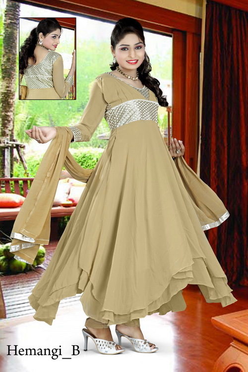 B (1) - Georgette Fabric, Floor Length, Beige, Three-Quarter Sleeve | Embroidered, Elegant Design, Comfortable Fit, Stylish Look, Versatile Style