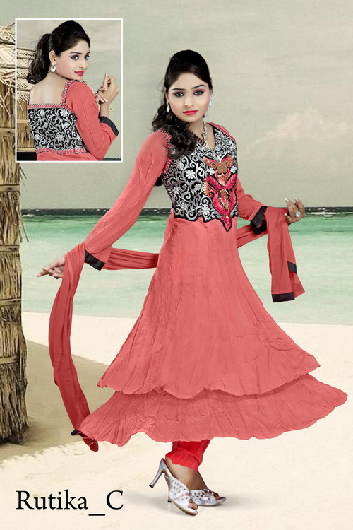 C (1) - Soft Georgette, 44 Inches, Coral | Elegant Design, Comfortable Fit, Embroidery, Double Layered Anarkali Suit