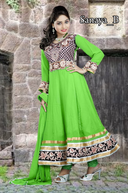 B - Georgette, Anarkali, Ankle Length, Green | Elegant Floral Embroidery, Comfortable Fit, Stylish Look