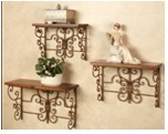 S/3 Shelves - Wrought Iron And Wood, Brown, Ornate Corner, Space Saving Design