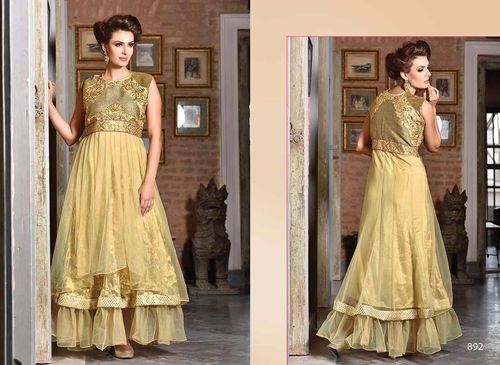 ONLINE BUY FASHIONABLE DESIGNER GOWN - Net, Customizable Size, Beige | Embroidered, Elegant Design, Stylish Look, Comfortable Fabric, Perfect Fit, Unique Style, Lined, Floor-Length