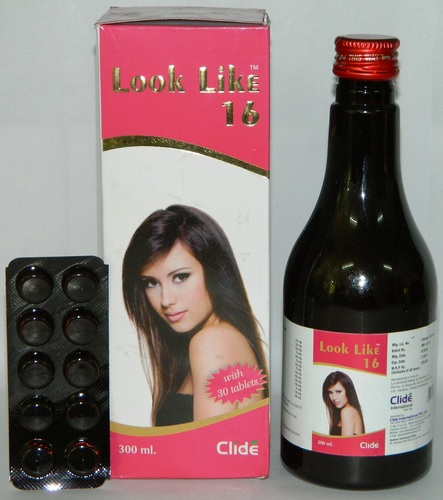LOOK LIKE 16 SYP. - Glass Bottle, 300ml, Dark Brown | Hair Growth, Syrup and Round Tablets, 30 Count, Convenient Packaging