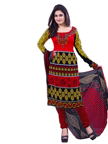 Exclusive Printed Party Wear Salwar Kameez - Georgette Semi Stitch Suit Red Yellow and Black | Full Sleeve All Season Washable No Fade