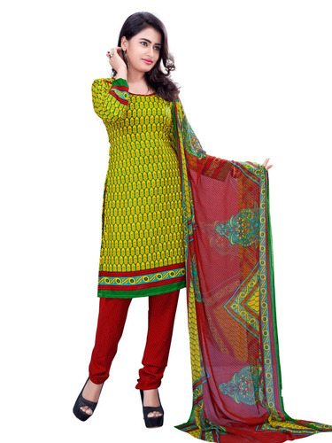 Party Wear Exclusive Printed Tunic Salwar Suit - Cotton, Semi Stitch Suit, Green and Red | All Season, No Fade, Washable, Full Sleeves