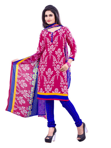 Latest Printed Exclusive Party Wear Salwar Kameez Suit - Cotton Semi Stitch Suit, Red and Blue Color, Full Sleeves | No Fade, Washable, All Season