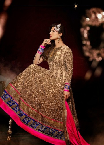 Beige Net Abaya Style Churidar Kameez