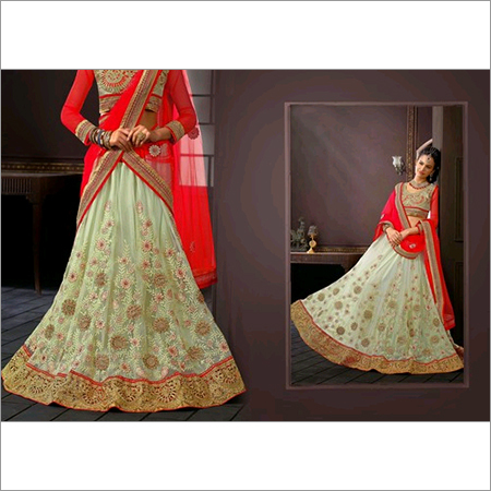 Red & CreamNet Lehenga Choli with Dupatta