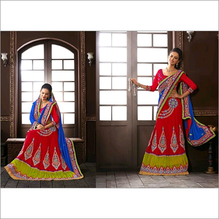 Red & Blue Net Lehenga Choli with Dupatta