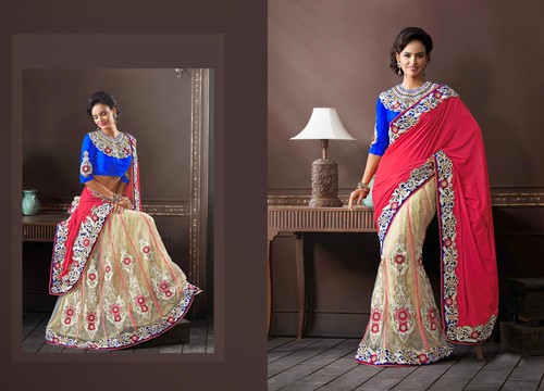 Cream & Blue Net Lehenga Choli with Dupatta
