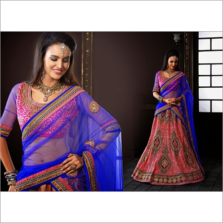 Maroon & Blue Net Lehenga Choli with Dupatta