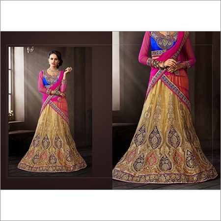 Cream & Blue Net Lehenga Choli with Dupatta