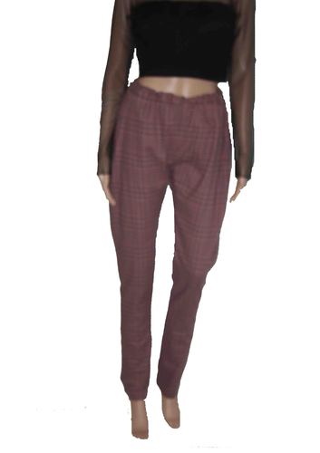 Cigarette Pant - Cotton, Mauve, Ankle Length | Slim Fit, Check Print, Side Pockets, Mid-Rise