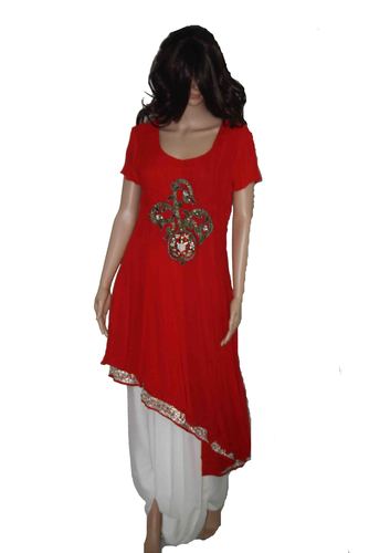 Assymetric Ethnic Wear - Red Chiffon, Handcrafted Stone, Dabka, Resham & Sequence Work | Elegant Asymmetric Cut