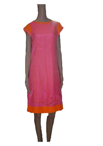 Dress - Cotton Blend Midi, Pink | Neon Pastel, Boat Neck, Short Sleeves, Comfortable Fit