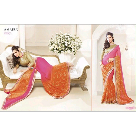 ONLINE BUY Embroidered Sarees - Chiffon, Orange, Shimmer Brocket Blouse | Intricate Embroidery, Elegant Design, Party Wear