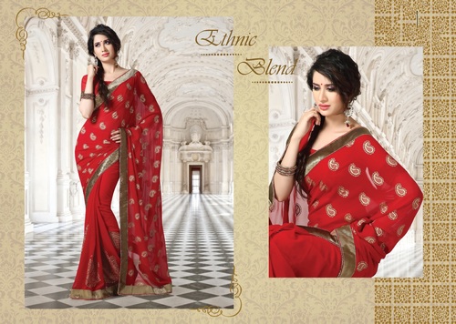 Ladies Designer Saree - Georgette, 5.5 Mtr, Red | Stylish Design, Comfortable Fabric, Alluring Strips