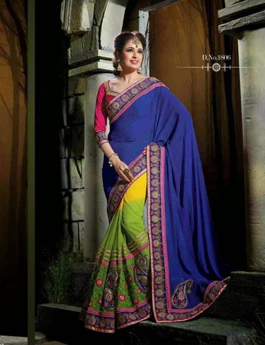 Malishka - Chinon Chiffon, Soft Net & Santoon 5.5 Meters Blue | Embroidery, Soft Fabric, Elegant Design, Comfortable Wear