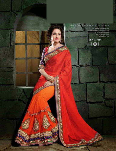 Malishka - Self Butti Georgette, Soft Net, Inner Santoon, Red Orange | Unstitched Blouse, Embroidery, Elegant Stylish Look