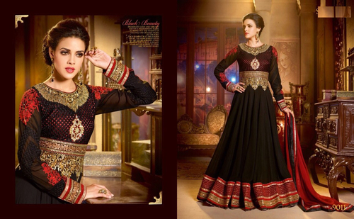 Stylish Black Anarkali Suit - Georgette Top with Resham & Jari Embroidery, Puer Chiffon Dupatta, Shantoon Inner & Bottom, Elegant Design