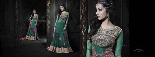 Designer Green Anarkali Suit - Georgette Kameez, Santoon Salwar, Chiffon Dupatta, Floral Embroidery, Handwork, 54 Inches Length