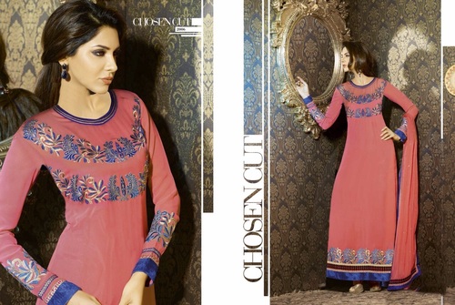 Stylist Designer Suit - Georgette, Semi-Stitched, Peach | Elegant Design, Intricate Embroidery, Party & Wedding Wear, 6 Pieces