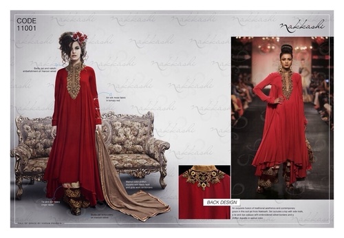 ONLINE BUY Moss Fabric Dress - Art Silk Tomato Red With Badla Zari, Nakshi On Maroon Velvet, Tie N Dye Palazzo, Walnut Chiffon Dupatta | Elegant Design, Intricate Embroidery, Comfortable Fit