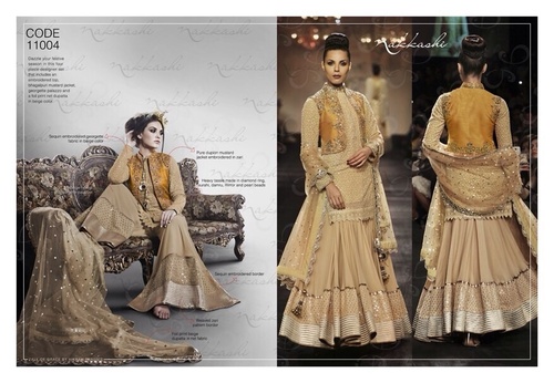 ONLINE BUY STYLISH DRESSES - Georgette Fabric Beige Palazzo Set, Sequin Embroidery, Net Dupatta