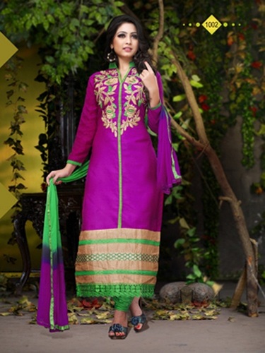 Women Wear - Camric Cotton Fancy Salwar Suit, Purple & Green Semi Stitch with Full Sleeves, Embroidered Pattern for All Seasons