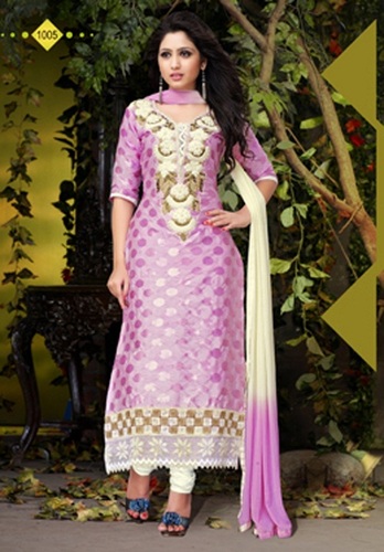 Cotton Salwar Suit - Camric Cotton & Naznin Dupatta, Pink & White, Semi Stitch, Fancy Embroidered, Short Sleeves, Washable, Ideal for All Seasons