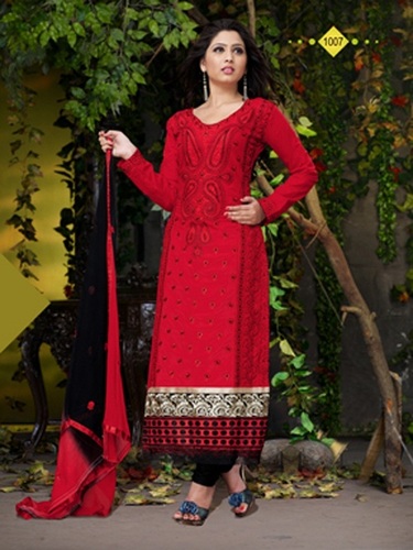 Cotton Salwar Suit - Camric Cotton Fabric, Semi-Stitched Size, Red & Black Colour, Fancy Work with Full Sleeves | Ethnic Wear, Dry Clean & Washable