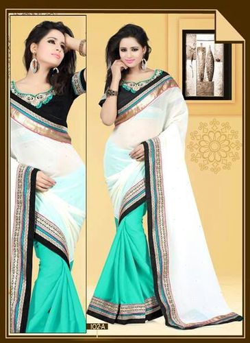 Designer Embroidered Georgette Saree - Georgette, 5.5 Meters, White, Hand-Embroidered | Elegant Design, Intricate Embroidery, Traditional Wear