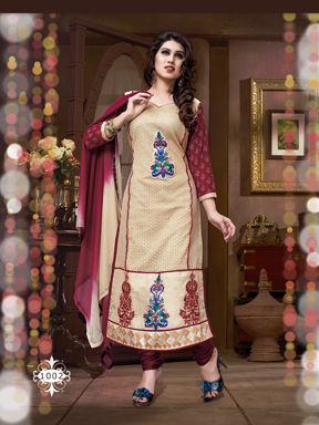 1002 - Chanderi Cotton Semi-Stitched Salwar Kameez - Cream and Brown Heavy Embroidered Laces, Full Sleeves for All Seasons