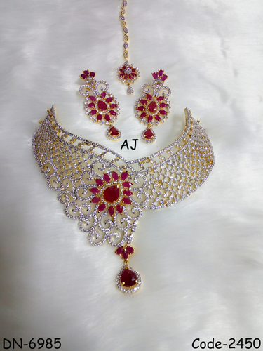 American Diamond Bridal Necklace with Colour Stone