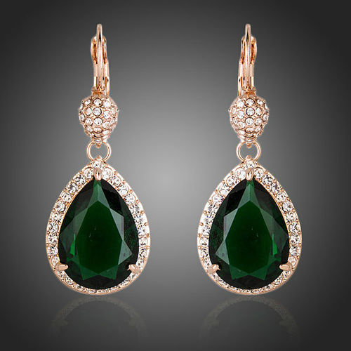 Gold Plated Dark Green European CZ Earrings