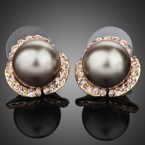 18K Gold Plated European Crystal Gray Bead Stud Earrings